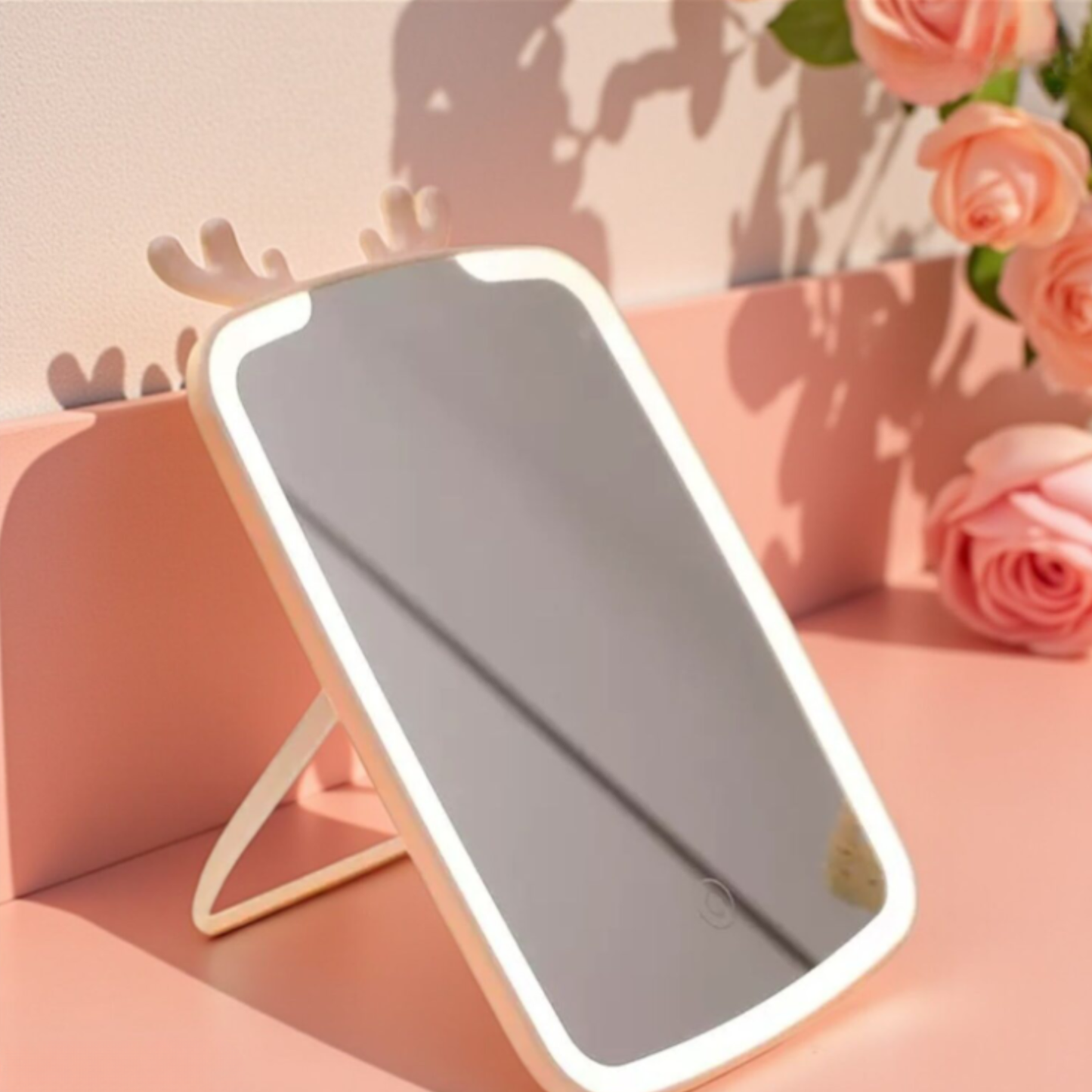 Espejo de Maquillaje Portátil Recargable con Luz y Cuernos