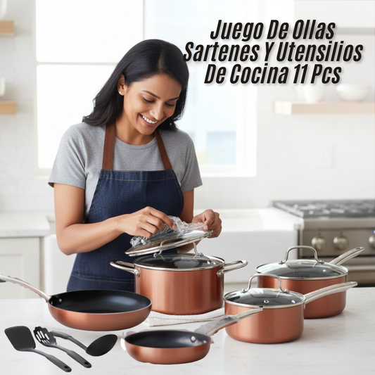 Set De Ollas Sartenes Y Utensilios De Cocina 11 Pcs