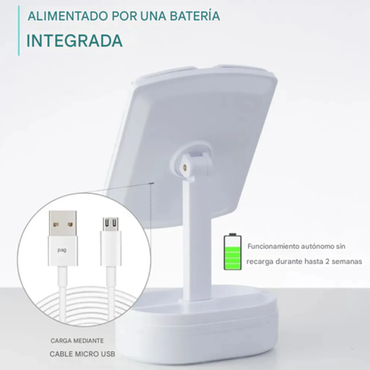 Espejo de tocador LED plegable con mini gaveta