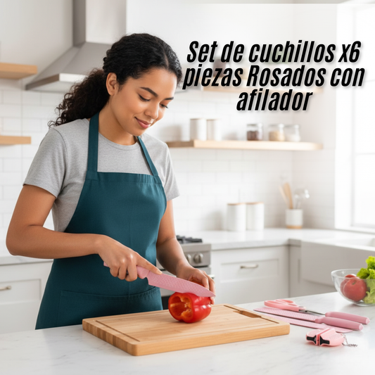 Set de cuchillos x6 piezas Rosados con afilador