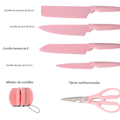 Set de cuchillos x6 piezas Rosados con afilador
