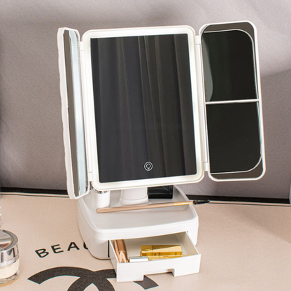 Espejo de tocador LED plegable con mini gaveta