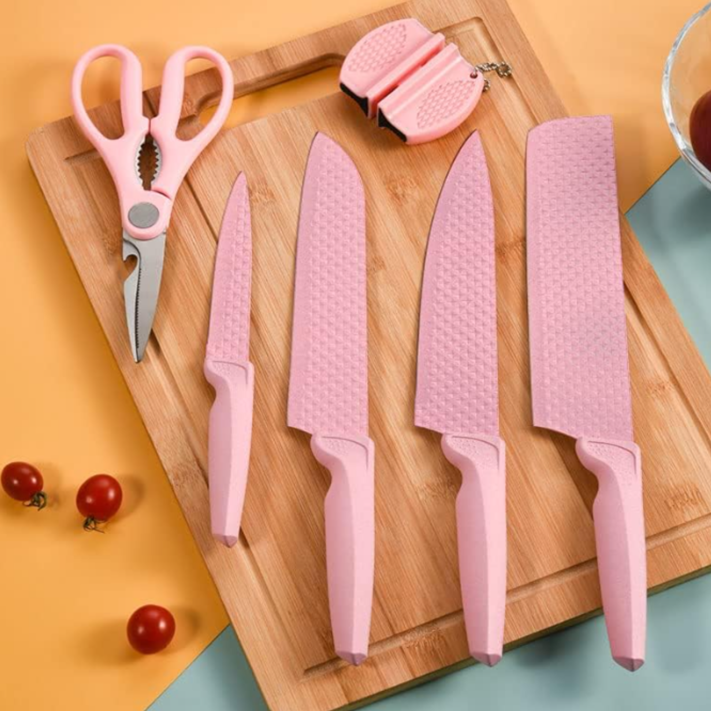Set de cuchillos x6 piezas Rosados con afilador