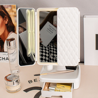 Espejo de tocador LED plegable con mini gaveta
