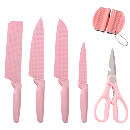 Set de cuchillos x6 piezas Rosados con afilador