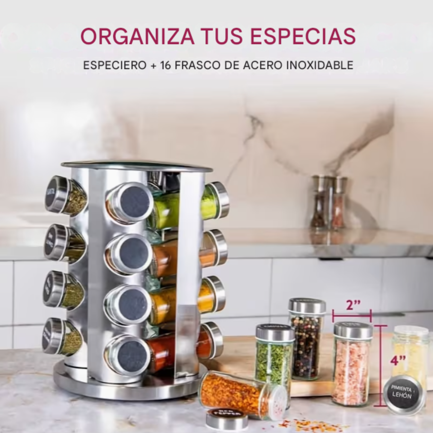Organizador de Especias de Acero Inoxidable de 16 piezas