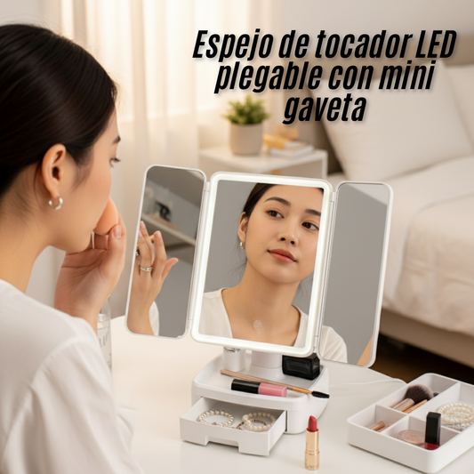 Espejo de tocador LED plegable con mini gaveta