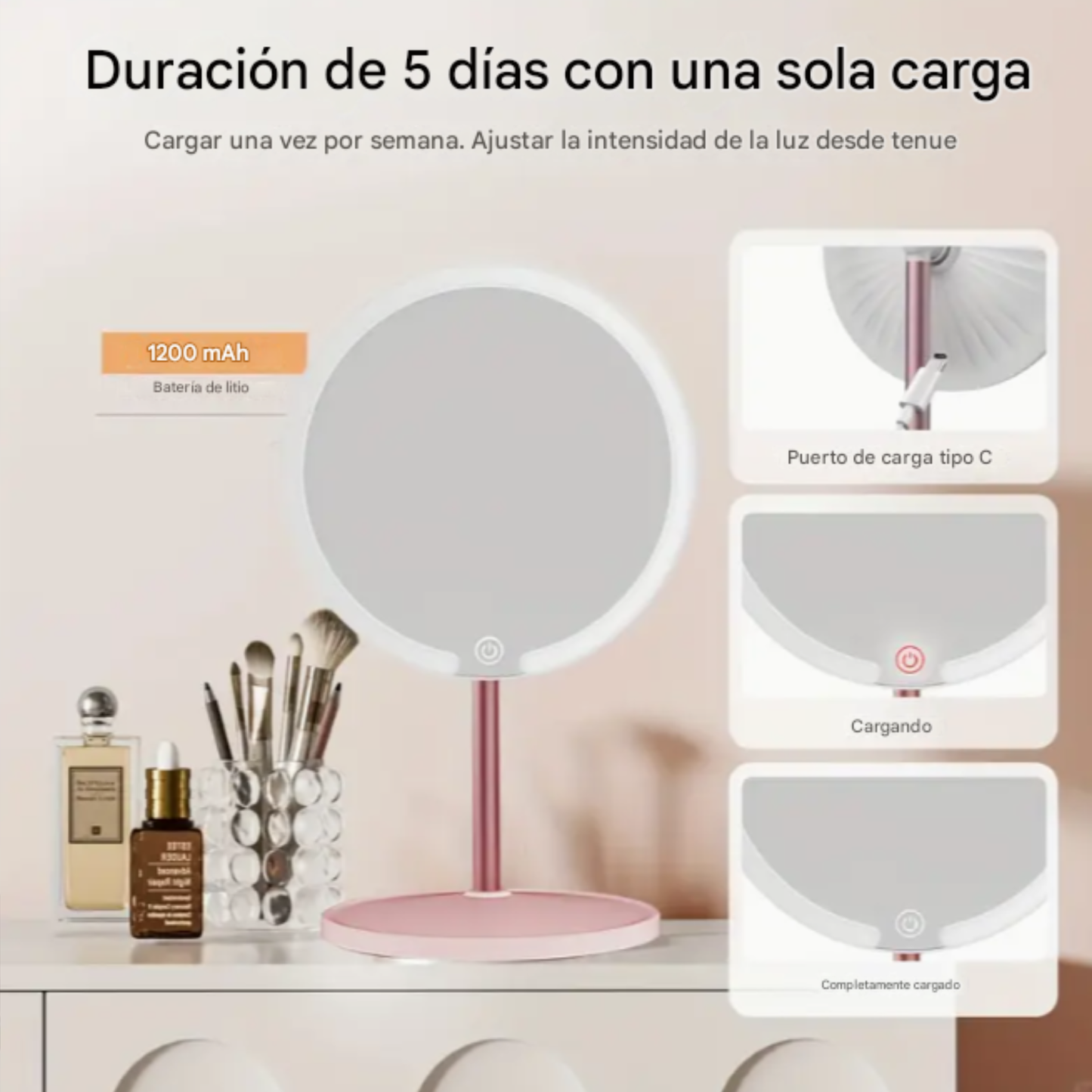 Espejo De Mano Led Con Soporte Para Celular