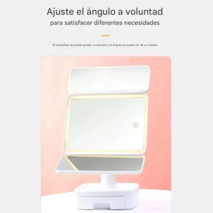Espejo de tocador LED plegable con mini gaveta