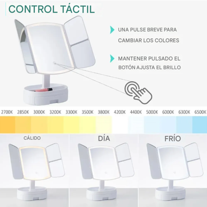 Espejo de tocador LED plegable con mini gaveta