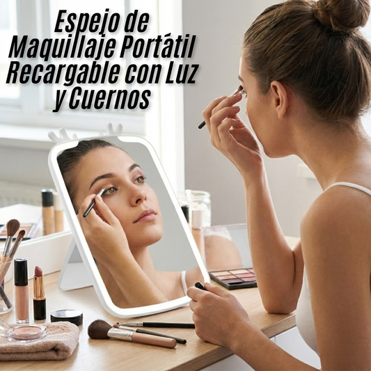 Espejo de Maquillaje Portátil Recargable con Luz y Cuernos