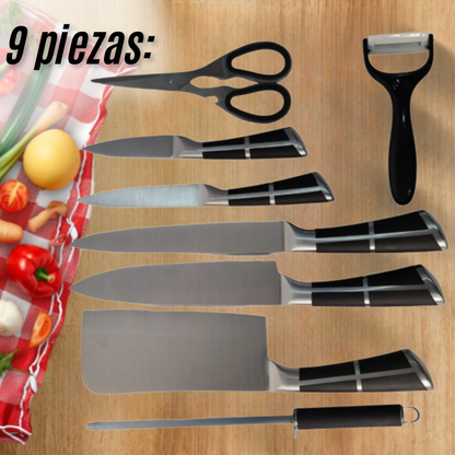 Set Cuchillos Cocina 8 o 9 Piezas Base Acero Inoxidable