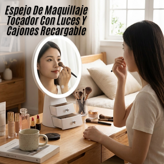 Espejo De Maquillaje Tocador Con Luces Y Cajones Recargable
