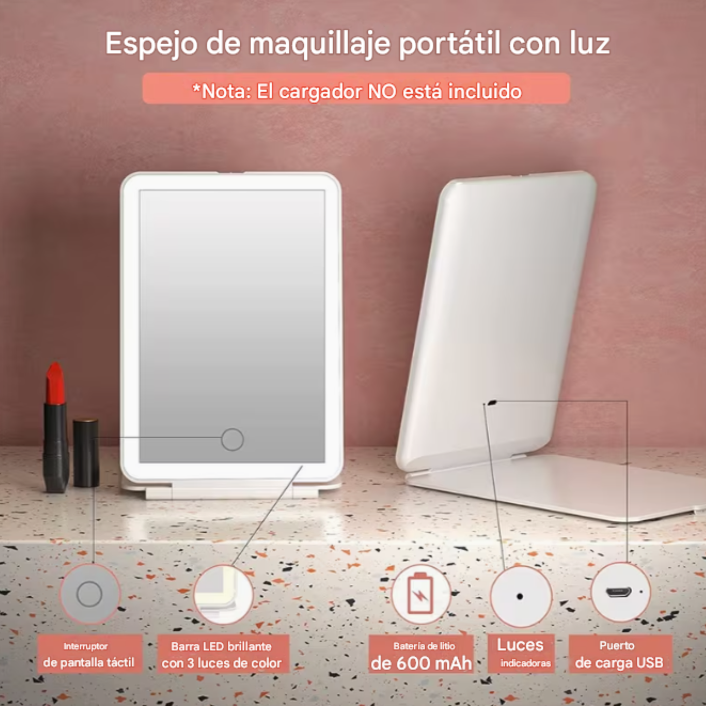 Espejo de Maquillaje Recargable para Viaje