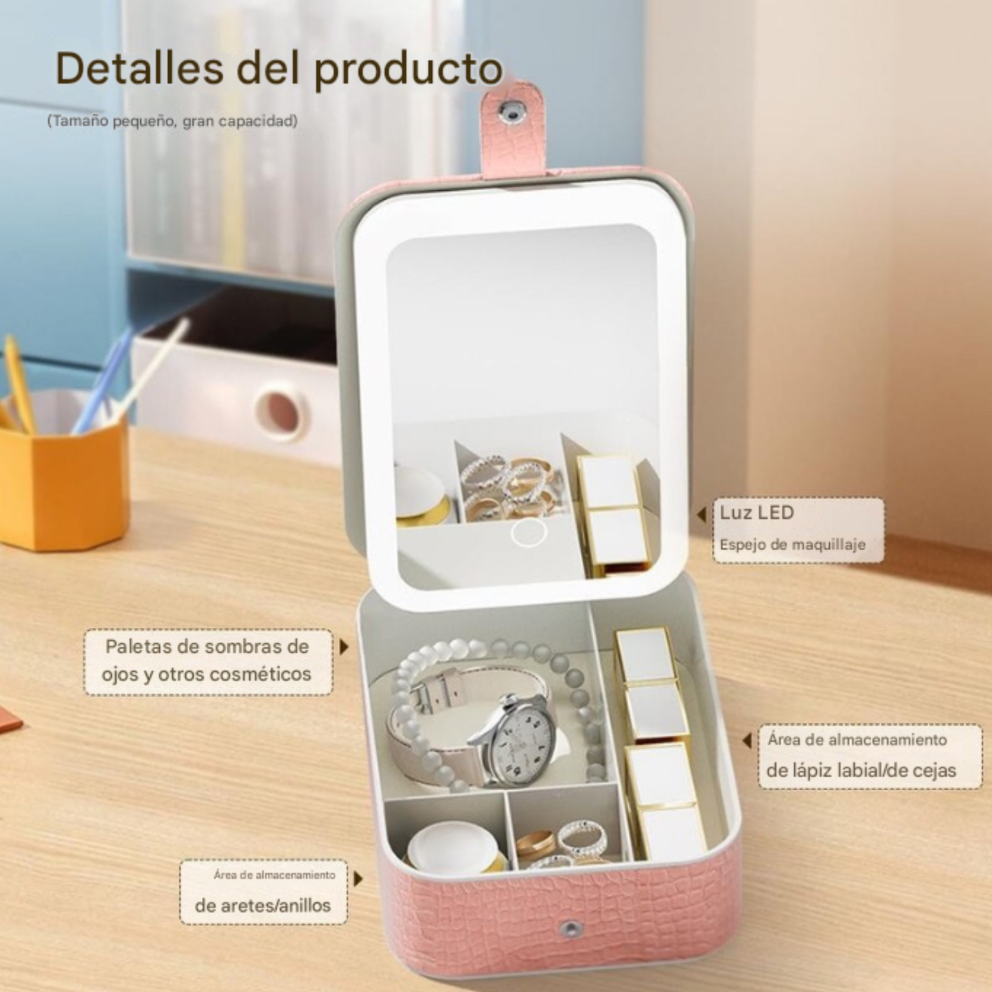 Mini Organizador De Maquillaje Con Espejo Y Luz Led